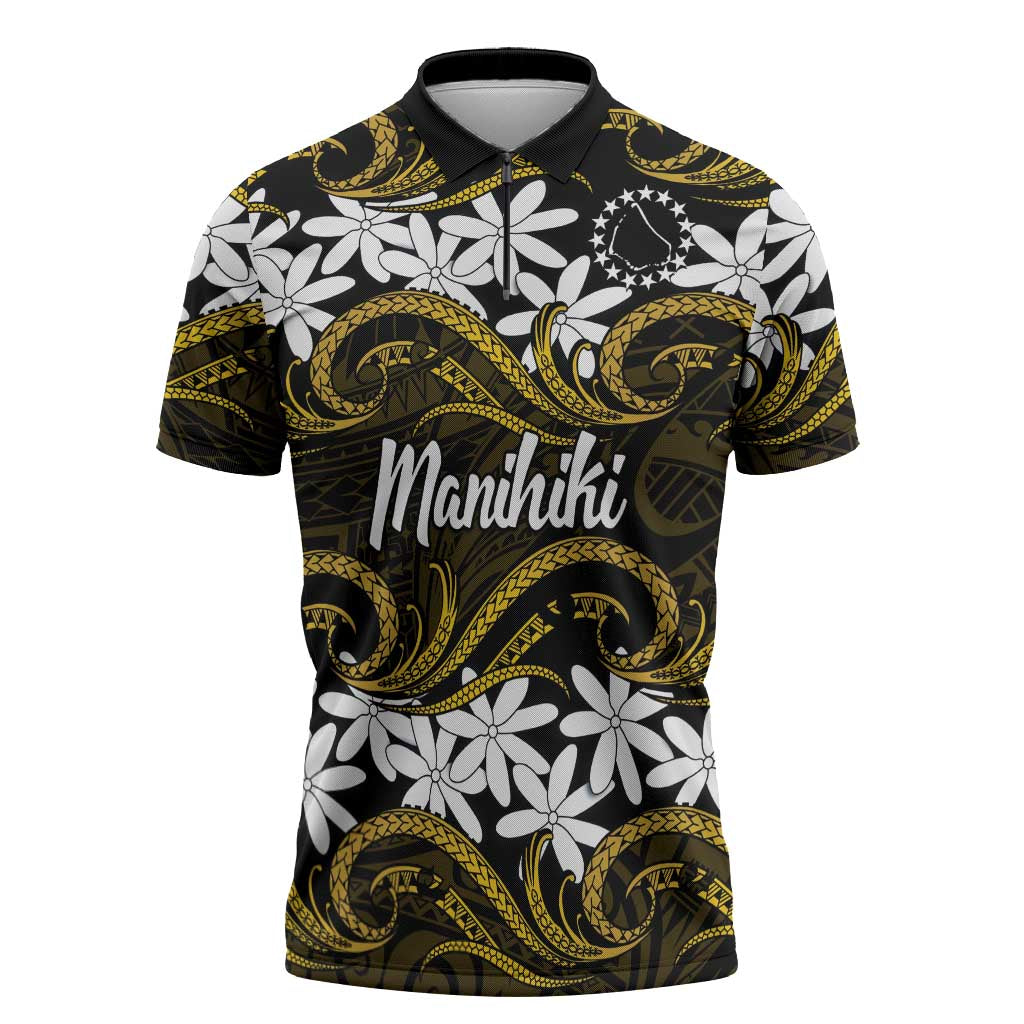 Personalised Cook Islands Manihiki Zipper Polo Shirt Tiare Maori Polynesian Waves Tattoo LT14 Gold - Polynesian Pride