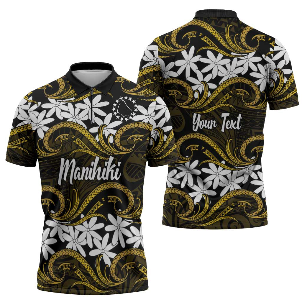 Personalised Cook Islands Manihiki Zipper Polo Shirt Tiare Maori Polynesian Waves Tattoo LT14 - Polynesian Pride