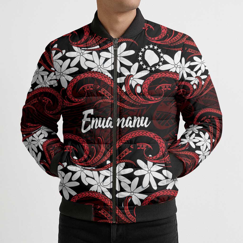 Personalised Cook Islands Atiu Enuamanu Bomber Puffer Jacket Tiare Maori Polynesian Waves Tattoo