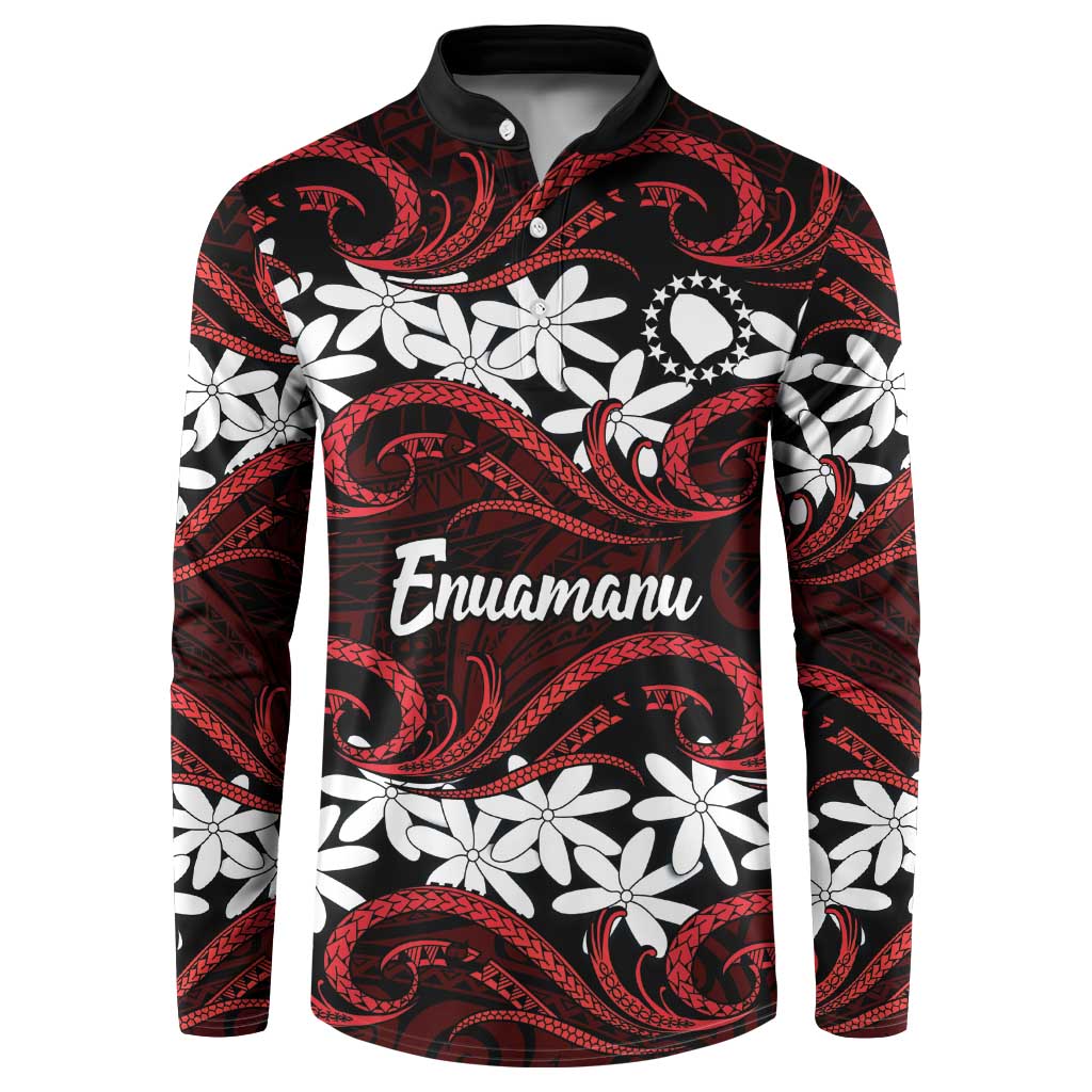 Personalised Cook Islands Atiu Enuamanu Button Sweatshirt Tiare Maori Polynesian Waves Tattoo LT14 Red - Polynesian Pride
