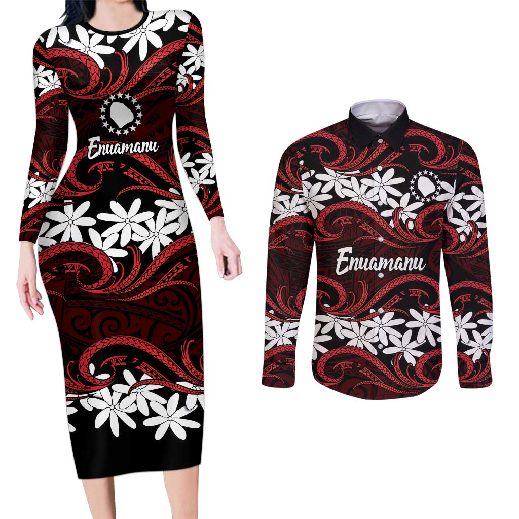 Personalised Cook Islands Atiu Enuamanu Couples Matching Long Sleeve Bodycon Dress and Long Sleeve Button Shirt Tiare Maori Polynesian Waves Tattoo