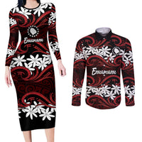 Personalised Cook Islands Atiu Enuamanu Couples Matching Long Sleeve Bodycon Dress and Long Sleeve Button Shirt Tiare Maori Polynesian Waves Tattoo