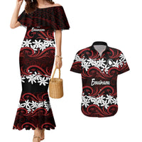 Personalised Cook Islands Atiu Enuamanu Couples Matching Mermaid Dress and Hawaiian Shirt Tiare Maori Polynesian Waves Tattoo LT14 Red - Polynesian Pride