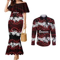Personalised Cook Islands Atiu Enuamanu Couples Matching Mermaid Dress and Long Sleeve Button Shirt Tiare Maori Polynesian Waves Tattoo