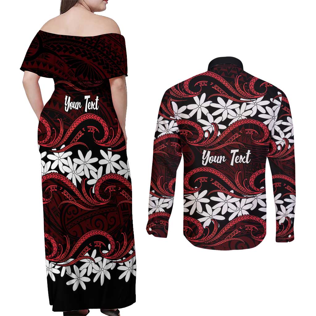 Personalised Cook Islands Atiu Enuamanu Couples Matching Off Shoulder Maxi Dress and Long Sleeve Button Shirt Tiare Maori Polynesian Waves Tattoo LT14 - Polynesian Pride