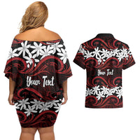 Personalised Cook Islands Atiu Enuamanu Couples Matching Off Shoulder Short Dress and Hawaiian Shirt Tiare Maori Polynesian Waves Tattoo