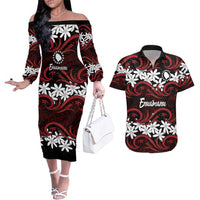 Personalised Cook Islands Atiu Enuamanu Couples Matching Off The Shoulder Long Sleeve Dress and Hawaiian Shirt Tiare Maori Polynesian Waves Tattoo LT14 Red - Polynesian Pride