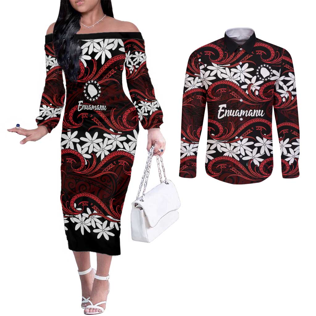 Personalised Cook Islands Atiu Enuamanu Couples Matching Off The Shoulder Long Sleeve Dress and Long Sleeve Button Shirt Tiare Maori Polynesian Waves Tattoo