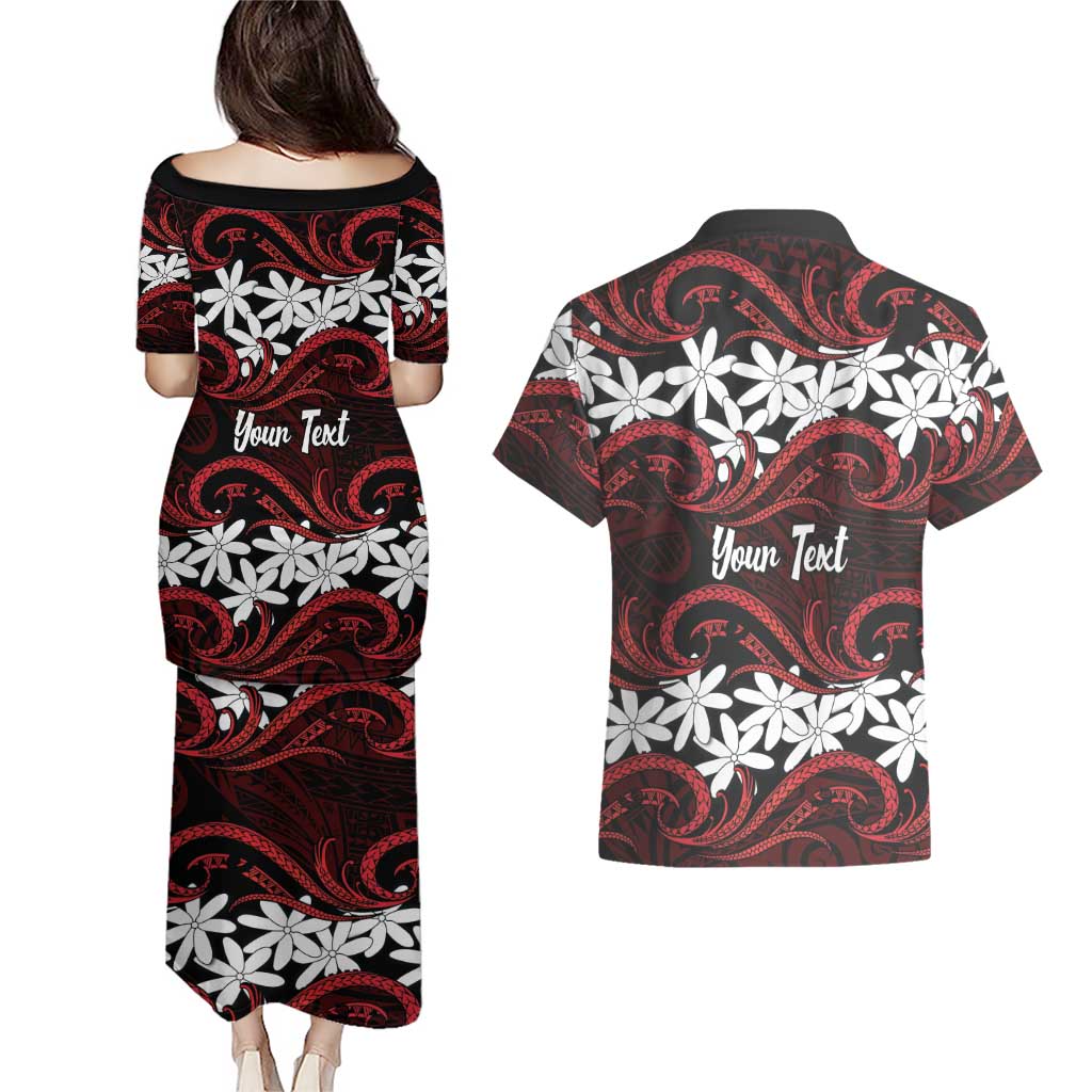 Personalised Cook Islands Atiu Enuamanu Couples Matching Puletasi and Hawaiian Shirt Tiare Maori Polynesian Waves Tattoo