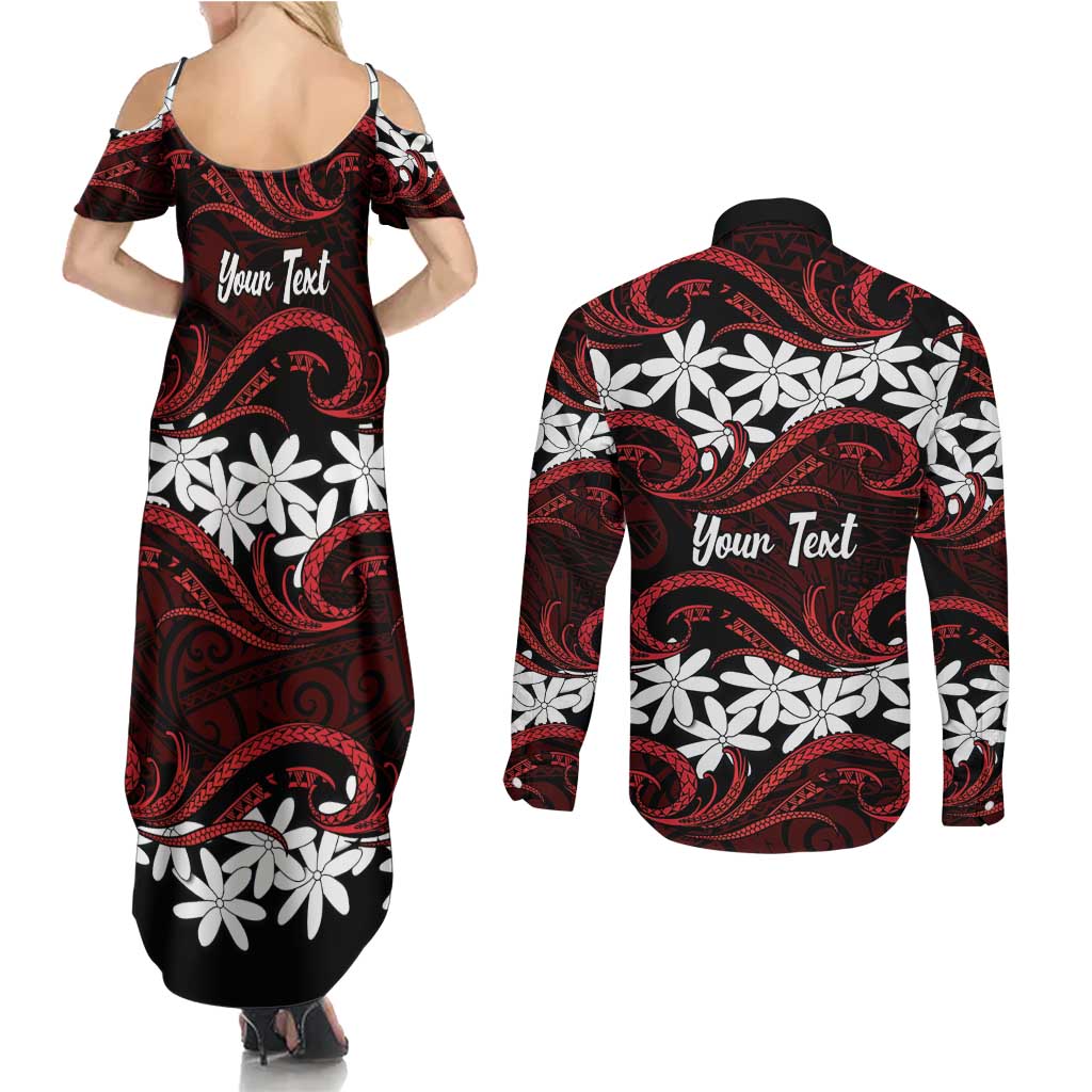 Personalised Cook Islands Atiu Enuamanu Couples Matching Summer Maxi Dress and Long Sleeve Button Shirt Tiare Maori Polynesian Waves Tattoo LT14 - Polynesian Pride