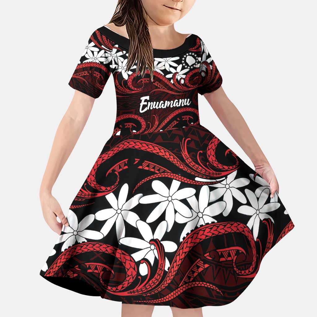 Personalised Cook Islands Atiu Enuamanu Family Matching Off The Shoulder Long Sleeve Dress and Hawaiian Shirt Tiare Maori Polynesian Waves Tattoo LT14 Daughter's Dress Red - Polynesian Pride