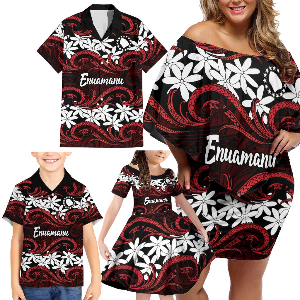 Personalised Cook Islands Atiu Enuamanu Family Matching Off Shoulder Short Dress and Hawaiian Shirt Tiare Maori Polynesian Waves Tattoo LT14 - Polynesian Pride