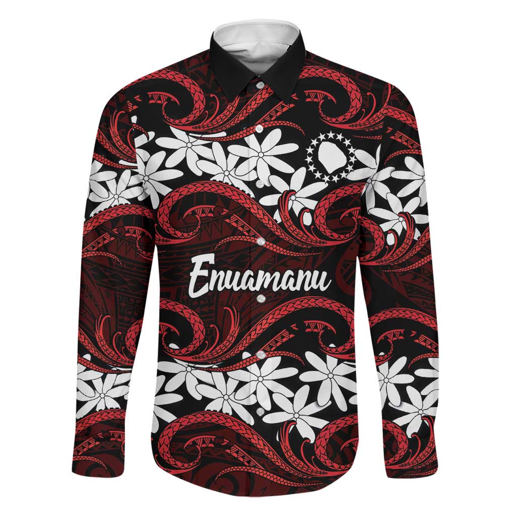 Personalised Cook Islands Atiu Enuamanu Family Matching Puletasi and Hawaiian Shirt Tiare Maori Polynesian Waves Tattoo LT14 Dad's Shirt - Long Sleeve Red - Polynesian Pride
