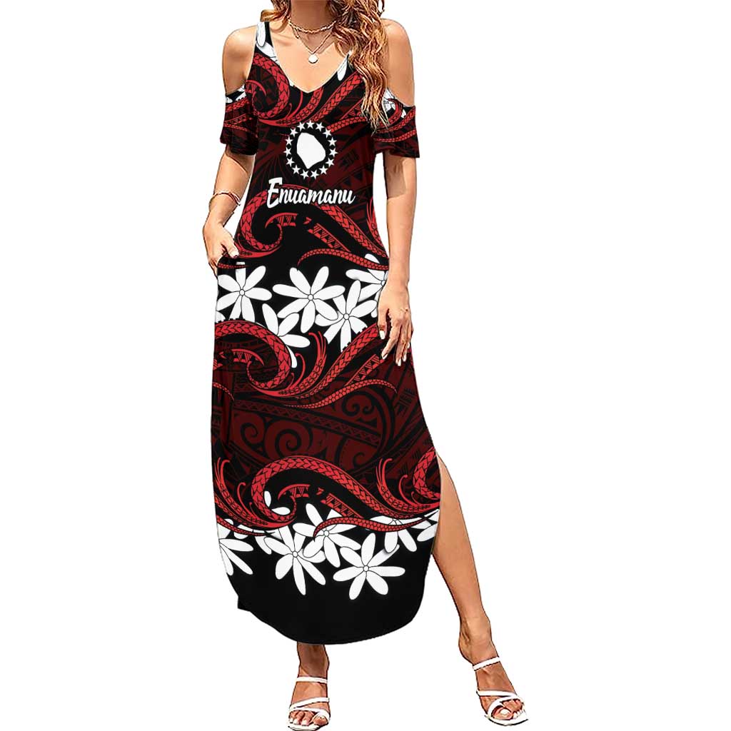 Personalised Cook Islands Atiu Enuamanu Family Matching Summer Maxi Dress and Hawaiian Shirt Tiare Maori Polynesian Waves Tattoo LT14 Mom's Dress Red - Polynesian Pride