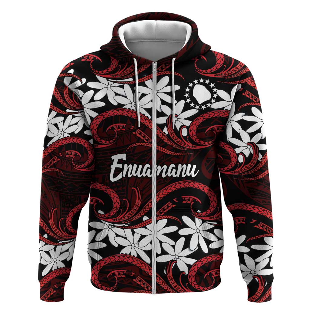 Personalised Cook Islands Atiu Enuamanu Hoodie Tiare Maori Polynesian Waves Tattoo LT14 Zip Hoodie Red - Polynesian Pride