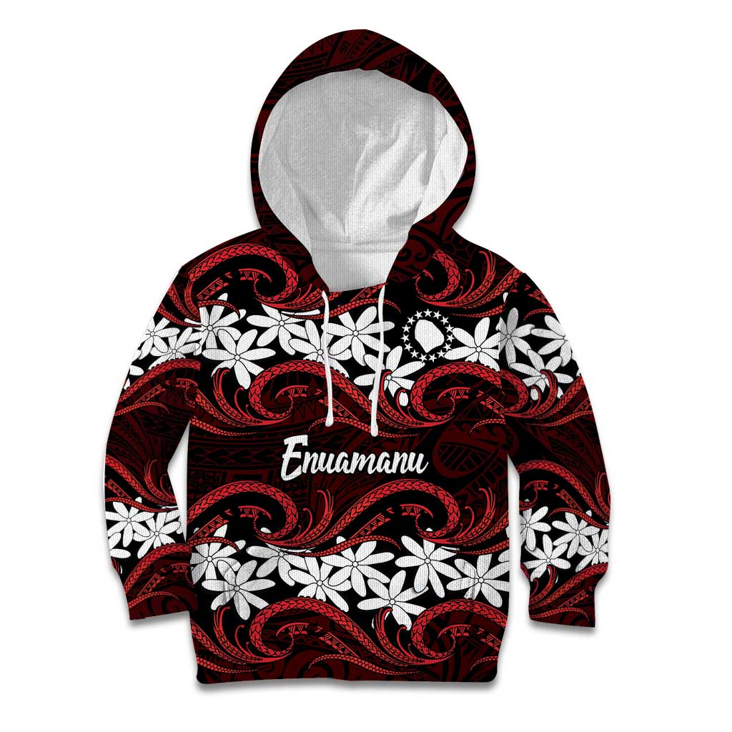 Personalised Cook Islands Atiu Enuamanu Kid Hoodie Tiare Maori Polynesian Waves Tattoo