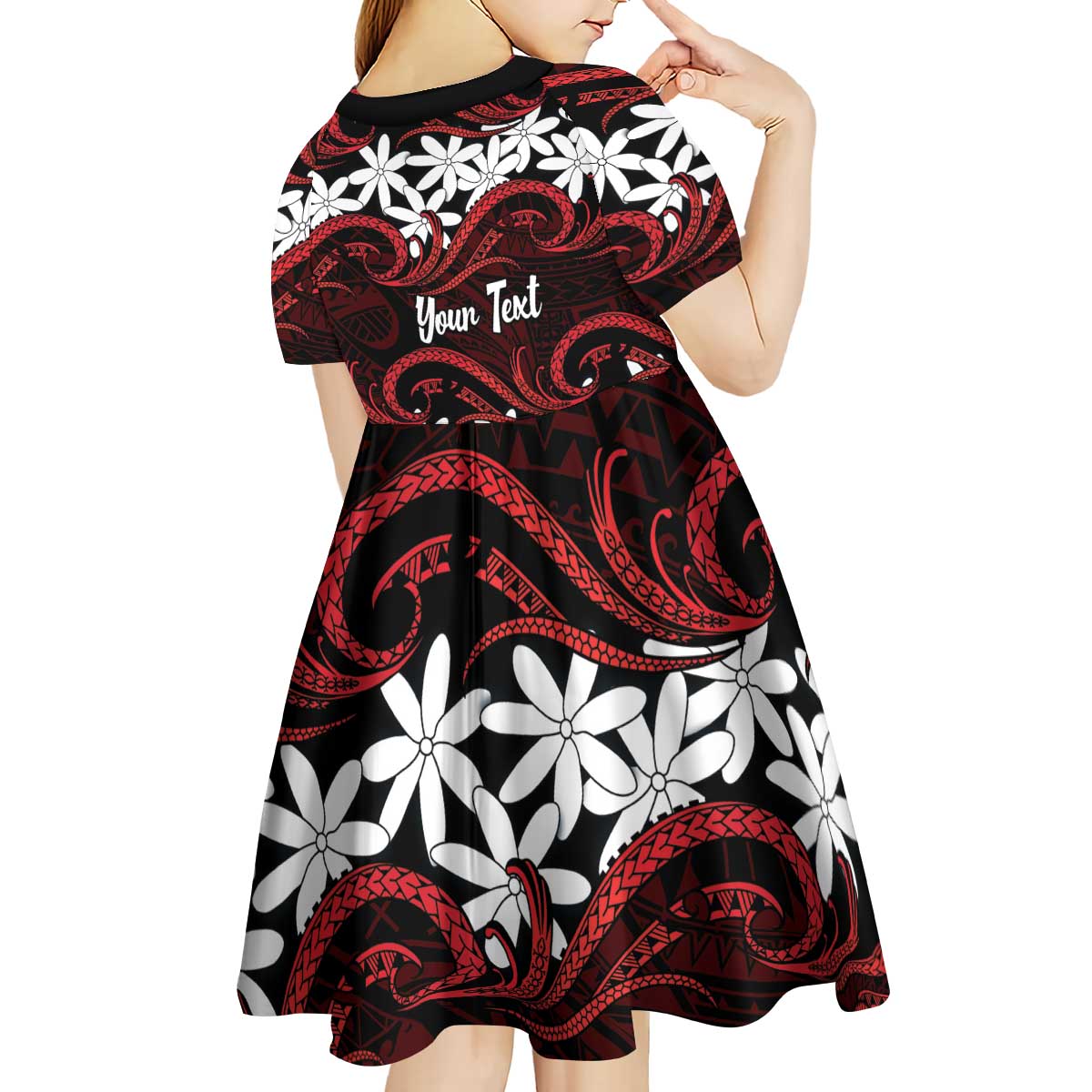 Personalised Cook Islands Atiu Enuamanu Kid Short Sleeve Dress Tiare Maori Polynesian Waves Tattoo LT14 - Polynesian Pride