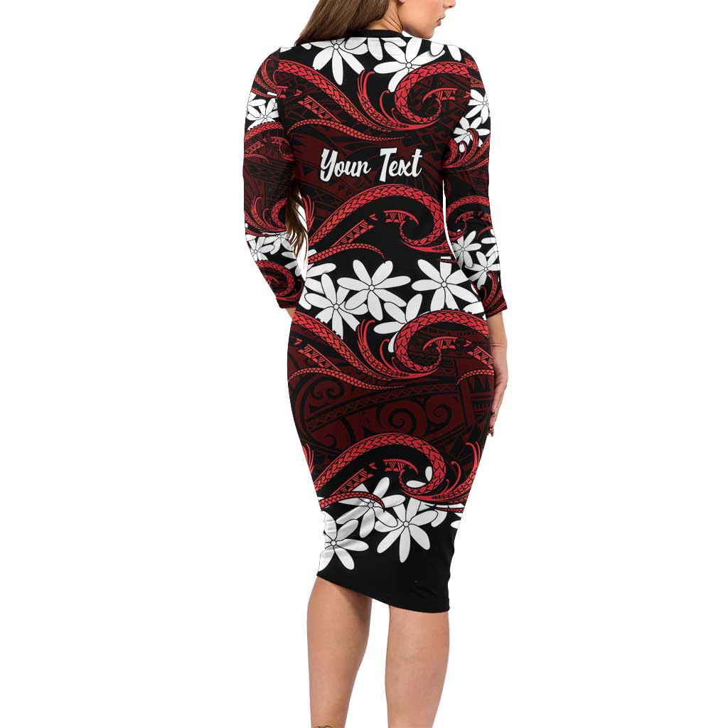 Personalised Cook Islands Atiu Enuamanu Long Sleeve Bodycon Dress Tiare Maori Polynesian Waves Tattoo LT14 - Polynesian Pride