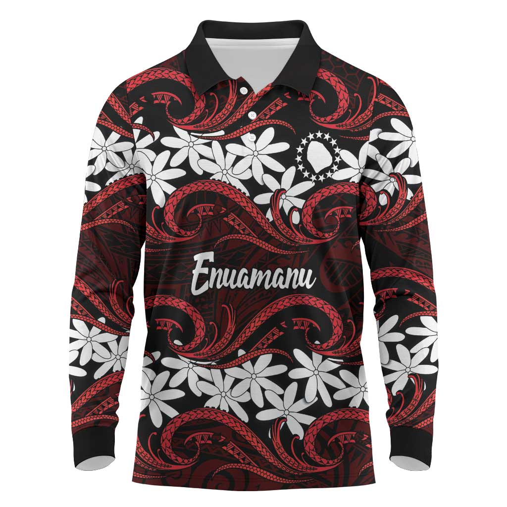 Personalised Cook Islands Atiu Enuamanu Long Sleeve Polo Shirt Tiare Maori Polynesian Waves Tattoo LT14 Red - Polynesian Pride