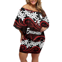Personalised Cook Islands Atiu Enuamanu Off Shoulder Short Dress Tiare Maori Polynesian Waves Tattoo LT14 Women Red - Polynesian Pride