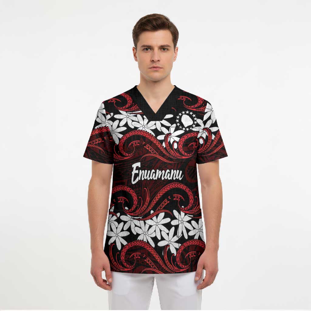 Personalised Cook Islands Atiu Enuamanu Scrub Top Tiare Maori Polynesian Waves Tattoo