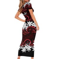 Personalised Cook Islands Atiu Enuamanu Short Sleeve Bodycon Dress Tiare Maori Polynesian Waves Tattoo LT14 - Polynesian Pride