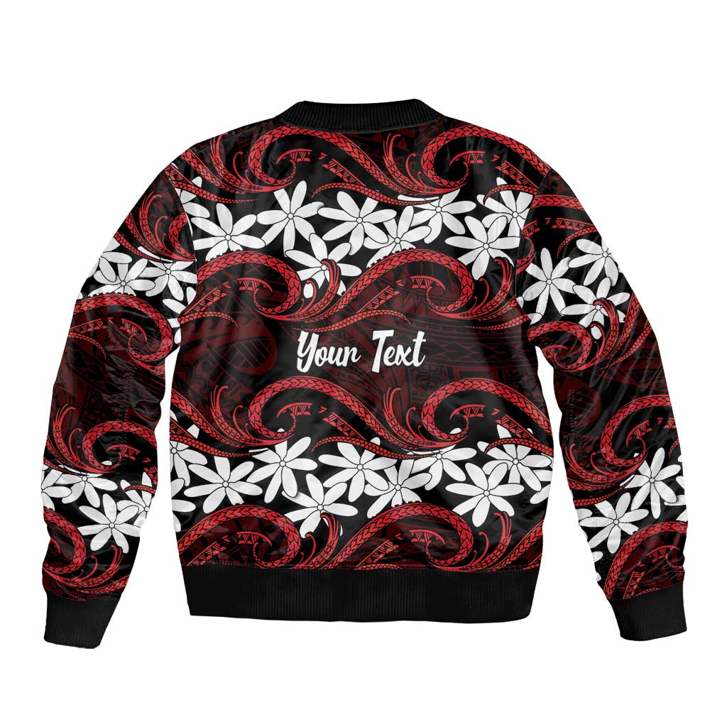 Personalised Cook Islands Atiu Enuamanu Sleeve Zip Bomber Jacket Tiare Maori Polynesian Waves Tattoo