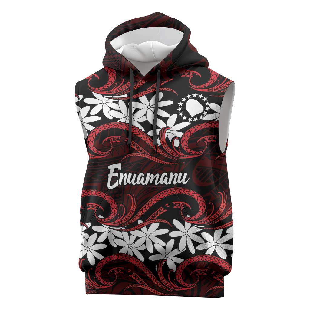 Personalised Cook Islands Atiu Enuamanu Sleeveless Hoodie Tiare Maori Polynesian Waves Tattoo LT14 Red - Polynesian Pride
