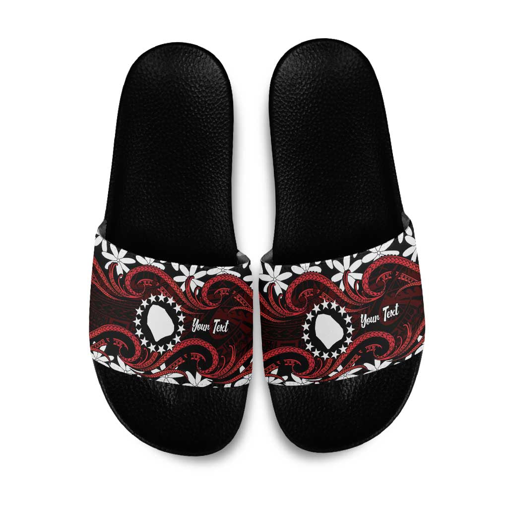 Personalised Cook Islands Atiu Enuamanu Slide Sandals Tiare Maori Polynesian Waves Tattoo