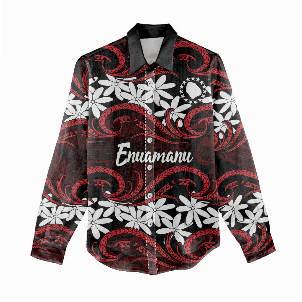 Personalised Cook Islands Atiu Enuamanu Women Casual Shirt Tiare Maori Polynesian Waves Tattoo