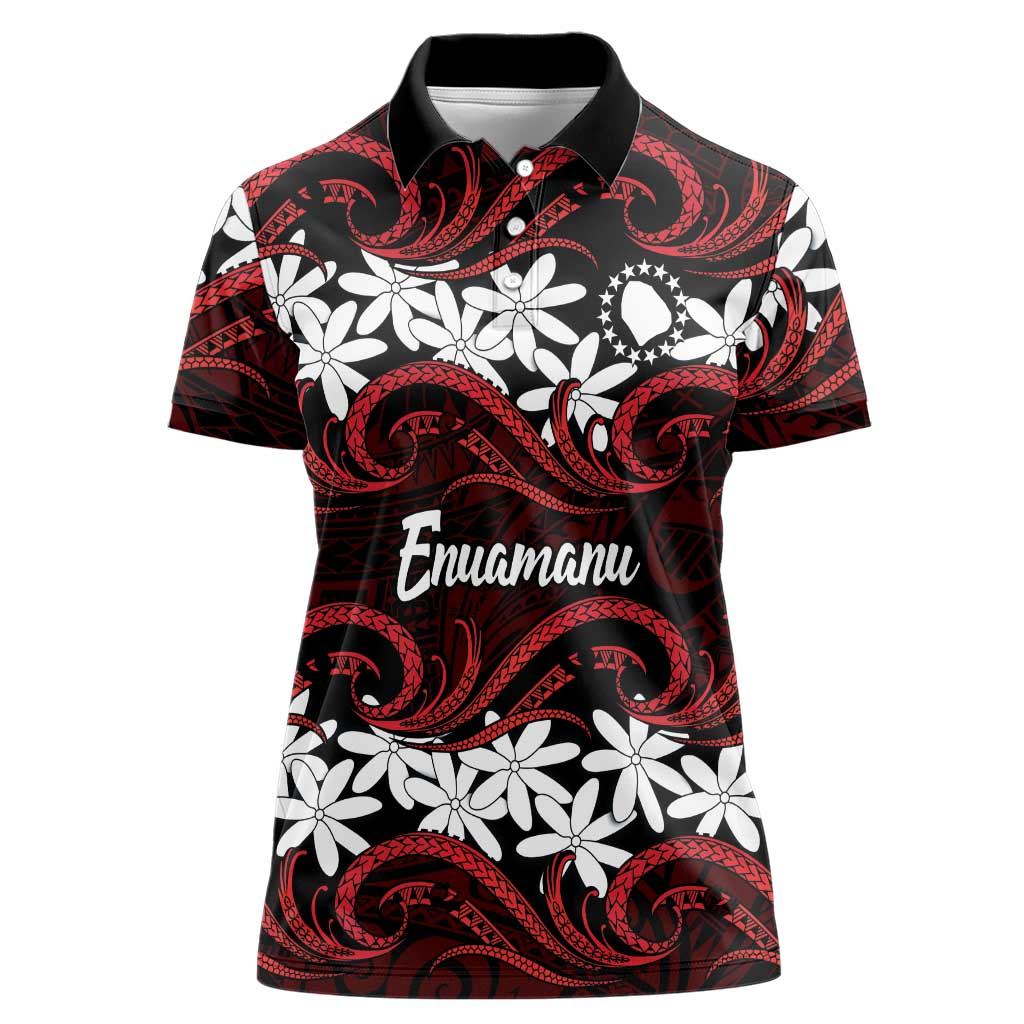 Personalised Cook Islands Atiu Enuamanu Women Polo Shirt Tiare Maori Polynesian Waves Tattoo