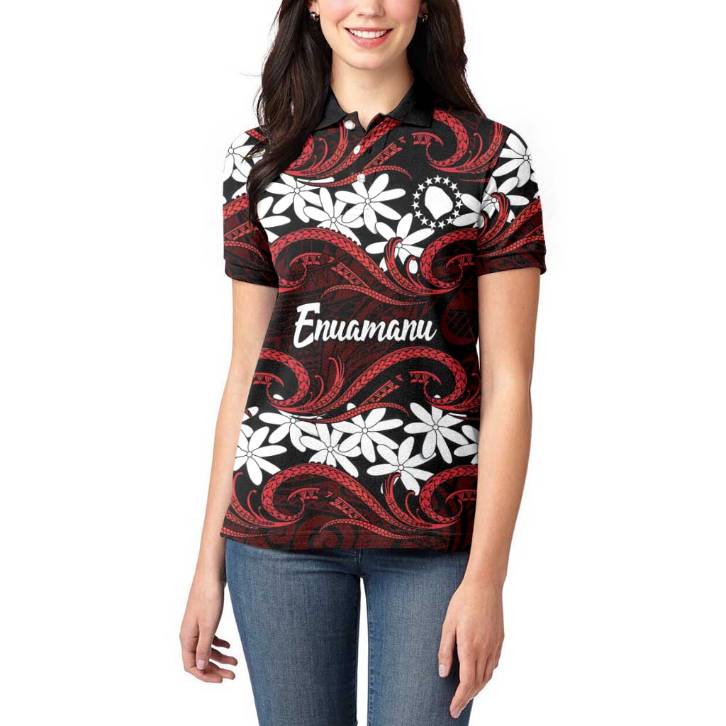 Personalised Cook Islands Atiu Enuamanu Women Polo Shirt Tiare Maori Polynesian Waves Tattoo