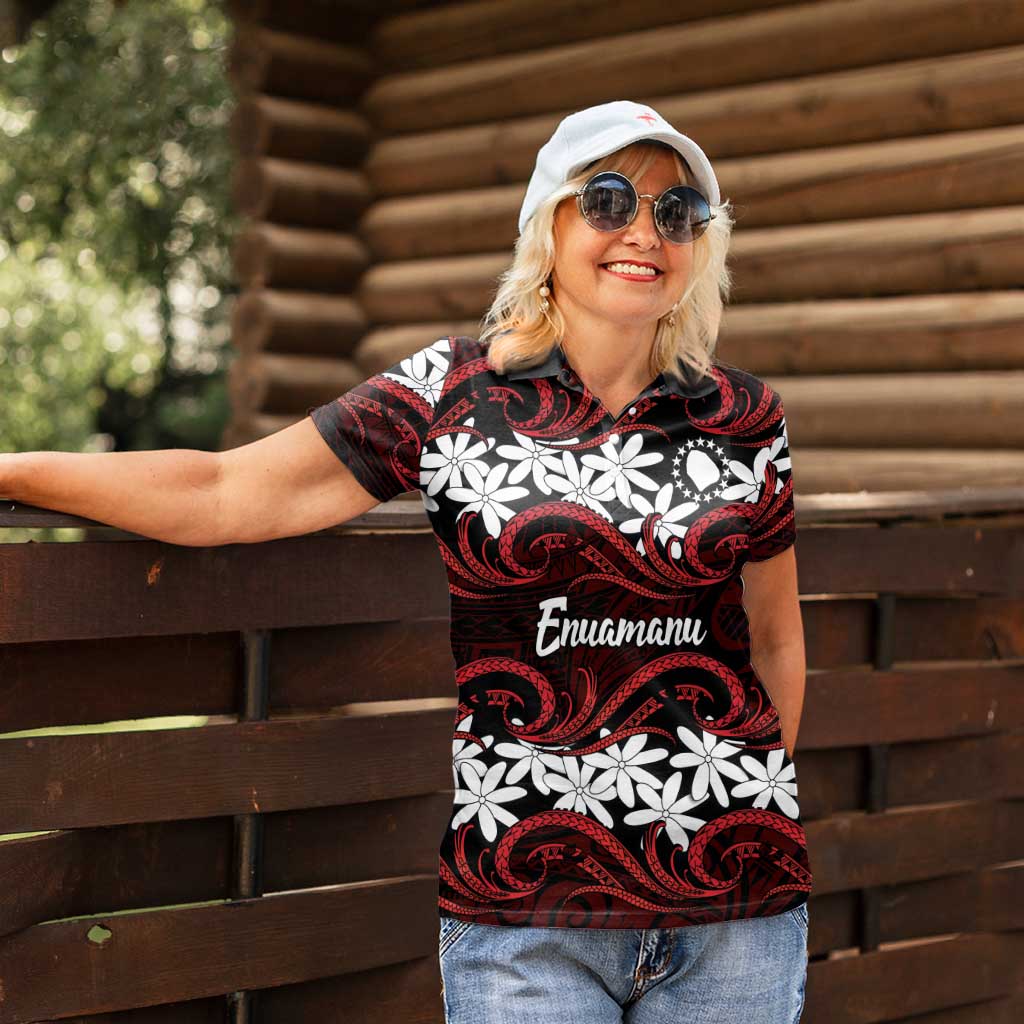 Personalised Cook Islands Atiu Enuamanu Women Polo Shirt Tiare Maori Polynesian Waves Tattoo