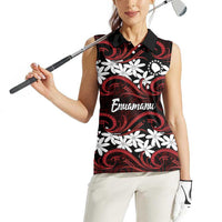 Personalised Cook Islands Atiu Enuamanu Women Sleeveless Polo Shirt Tiare Maori Polynesian Waves Tattoo