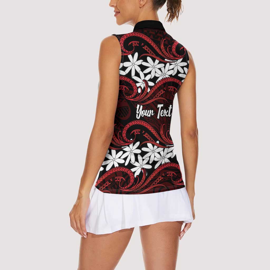 Personalised Cook Islands Atiu Enuamanu Women Sleeveless Polo Shirt Tiare Maori Polynesian Waves Tattoo