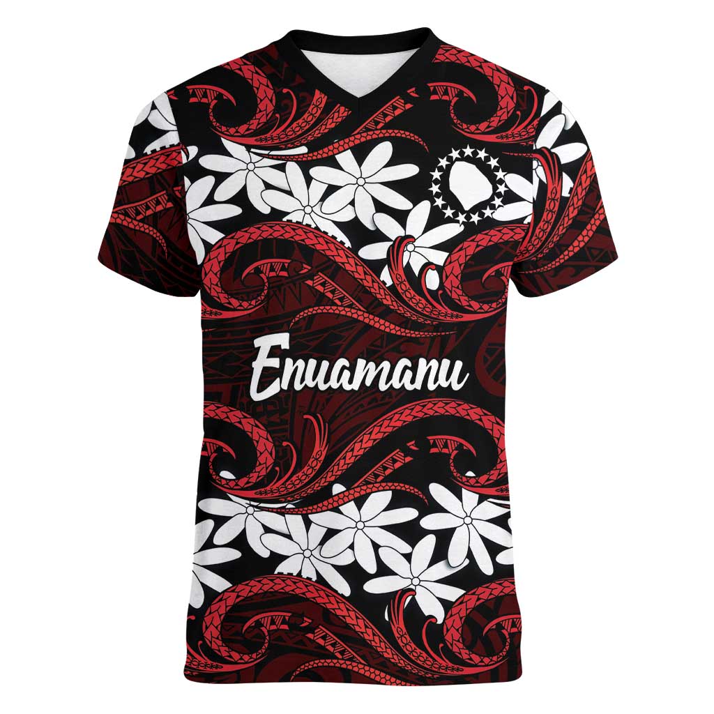Personalised Cook Islands Atiu Enuamanu Women V-Neck T-Shirt Tiare Maori Polynesian Waves Tattoo