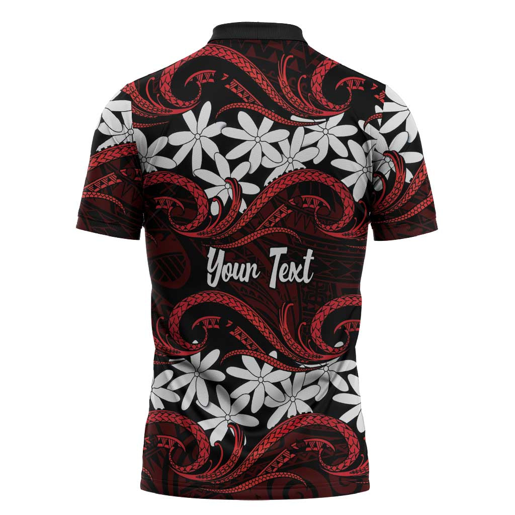 Personalised Cook Islands Atiu Enuamanu Zipper Polo Shirt Tiare Maori Polynesian Waves Tattoo LT14 - Polynesian Pride