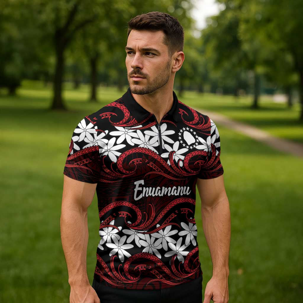 Personalised Cook Islands Atiu Enuamanu Zipper Polo Shirt Tiare Maori Polynesian Waves Tattoo LT14 - Polynesian Pride