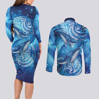 New Zealand Humpback Whale Matariki Couples Matching Long Sleeve Bodycon Dress and Long Sleeve Button Shirt Maori New Year Taniko Niho Taniwha