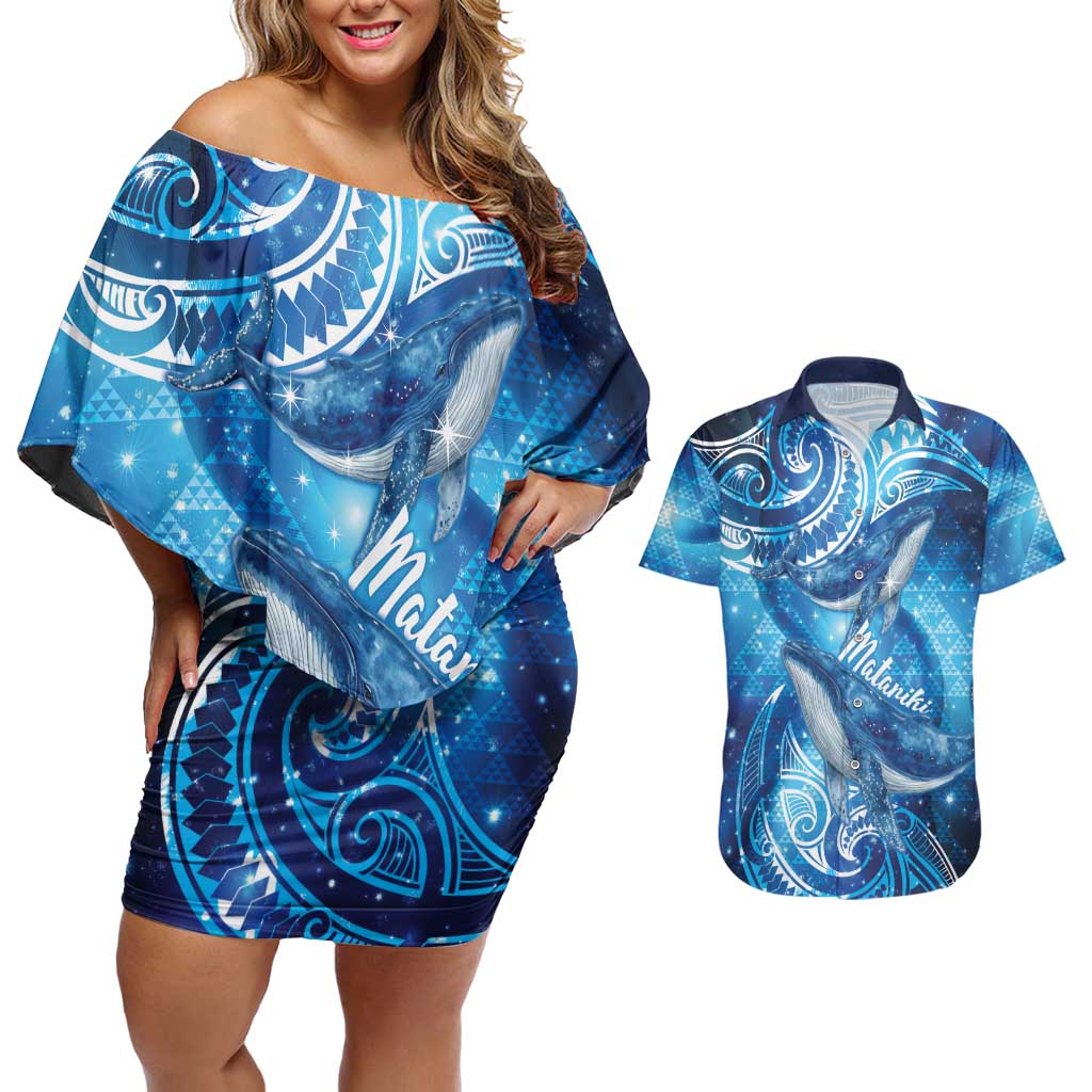 New Zealand Humpback Whale Matariki Couples Matching Off Shoulder Short Dress and Hawaiian Shirt Maori New Year Taniko Niho Taniwha LT14 Blue - Polynesian Pride