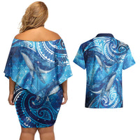 New Zealand Humpback Whale Matariki Couples Matching Off Shoulder Short Dress and Hawaiian Shirt Maori New Year Taniko Niho Taniwha LT14 - Polynesian Pride