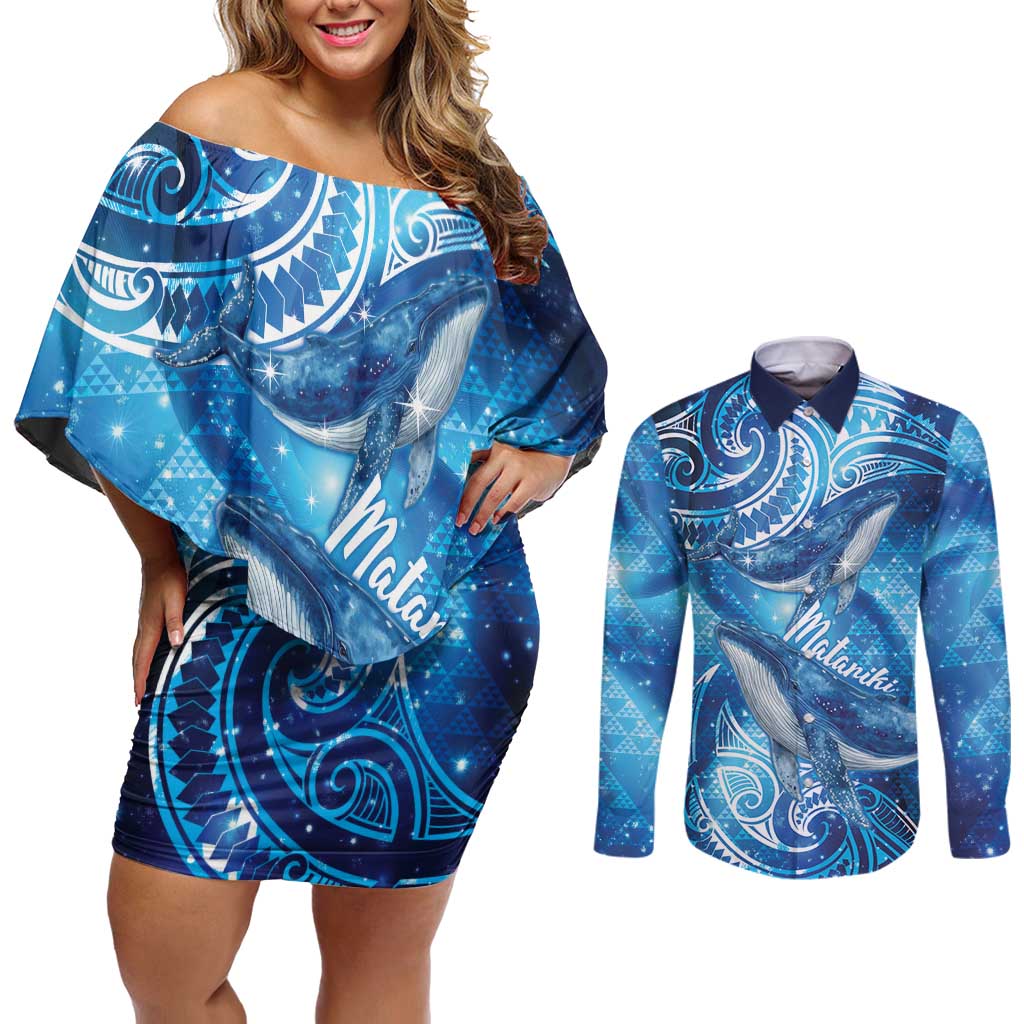 New Zealand Humpback Whale Matariki Couples Matching Off Shoulder Short Dress and Long Sleeve Button Shirt Maori New Year Taniko Niho Taniwha LT14 Blue - Polynesian Pride