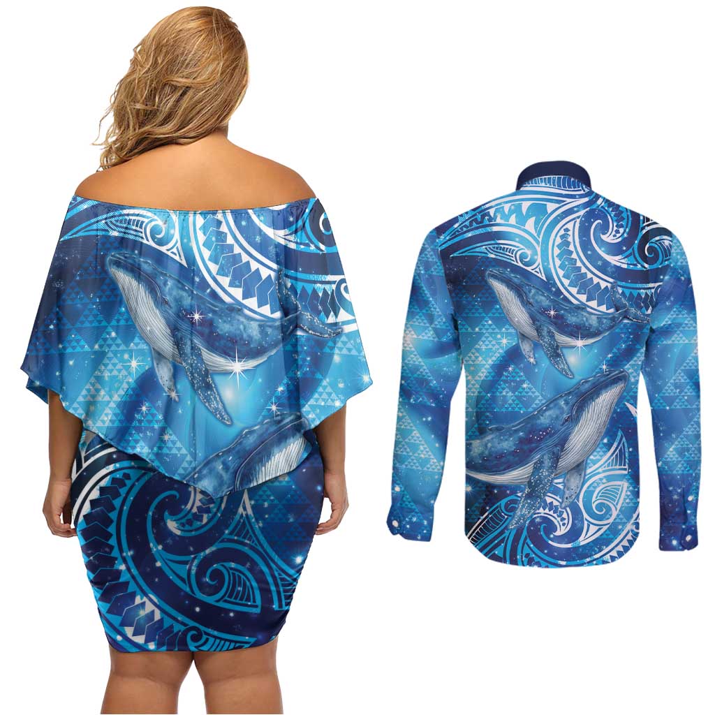 New Zealand Humpback Whale Matariki Couples Matching Off Shoulder Short Dress and Long Sleeve Button Shirt Maori New Year Taniko Niho Taniwha