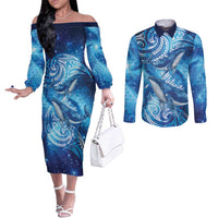 New Zealand Humpback Whale Matariki Couples Matching Off The Shoulder Long Sleeve Dress and Long Sleeve Button Shirt Maori New Year Taniko Niho Taniwha