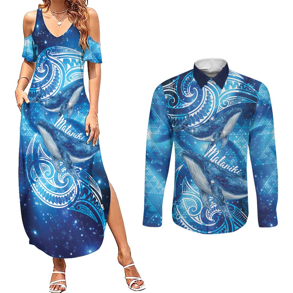 New Zealand Humpback Whale Matariki Couples Matching Summer Maxi Dress and Long Sleeve Button Shirt Maori New Year Taniko Niho Taniwha