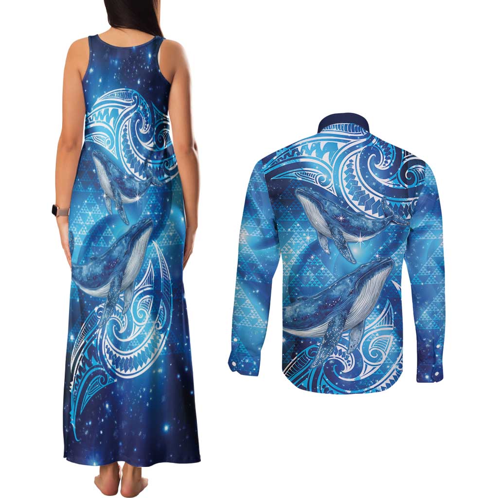 New Zealand Humpback Whale Matariki Couples Matching Tank Maxi Dress and Long Sleeve Button Shirt Maori New Year Taniko Niho Taniwha