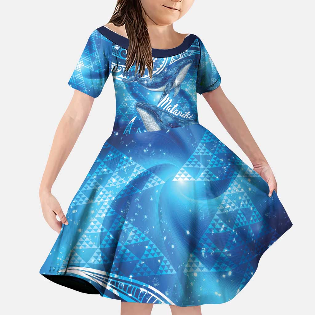 New Zealand Humpback Whale Matariki Family Matching Off Shoulder Maxi Dress and Hawaiian Shirt Maori New Year Taniko Niho Taniwha LT14 Daughter's Dress Blue - Polynesian Pride