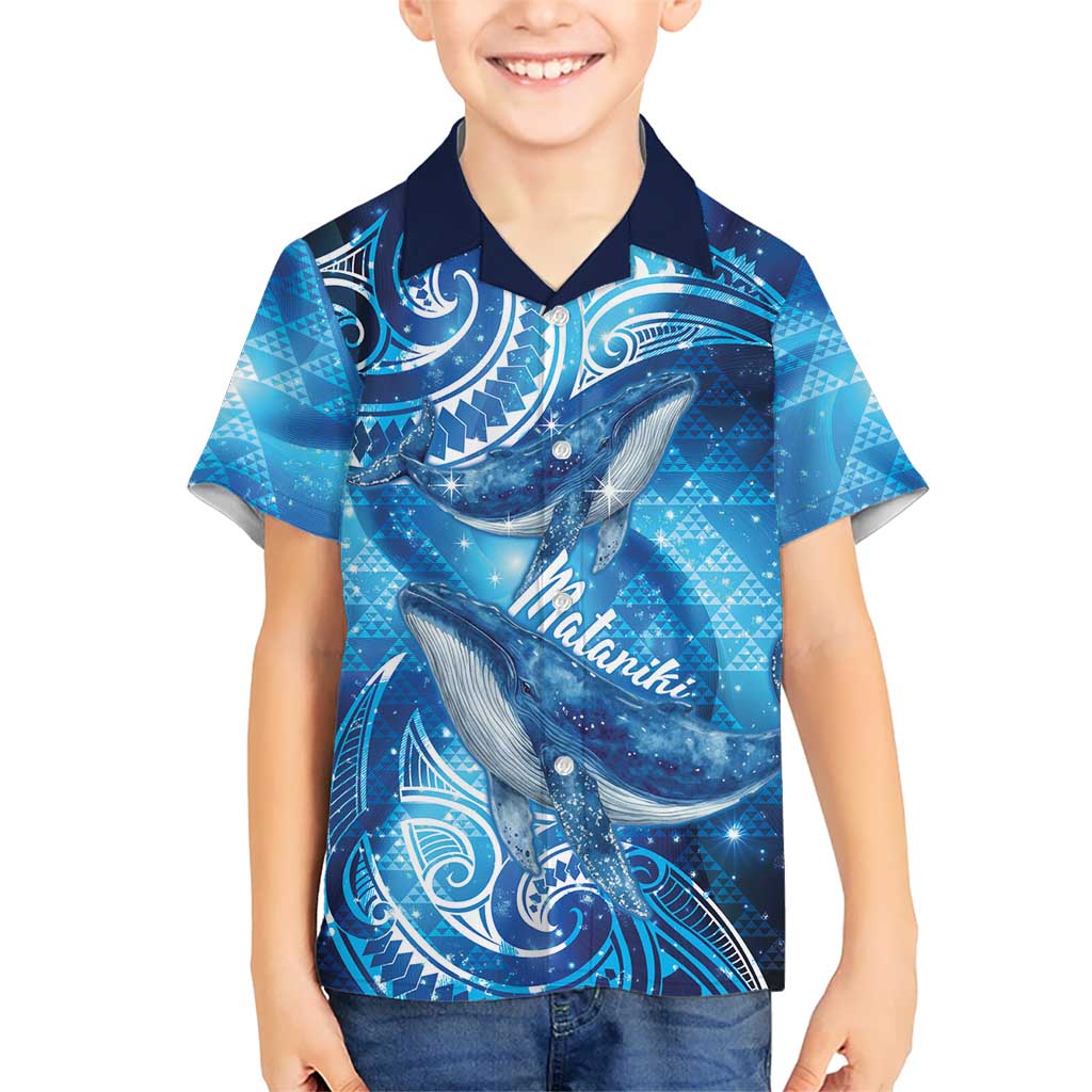 New Zealand Humpback Whale Matariki Family Matching Off Shoulder Maxi Dress and Hawaiian Shirt Maori New Year Taniko Niho Taniwha LT14 Son's Shirt Blue - Polynesian Pride