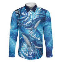 New Zealand Humpback Whale Matariki Family Matching Off Shoulder Short Dress and Hawaiian Shirt Maori New Year Taniko Niho Taniwha LT14 Dad's Shirt - Long Sleeve Blue - Polynesian Pride