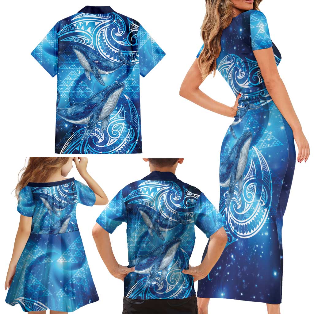 New Zealand Humpback Whale Matariki Family Matching Short Sleeve Bodycon Dress and Hawaiian Shirt Maori New Year Taniko Niho Taniwha LT14 - Polynesian Pride